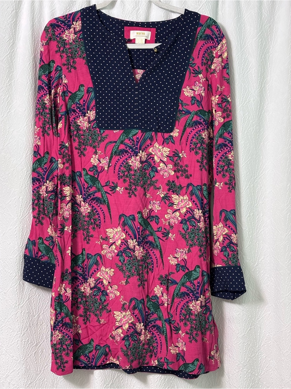 Anthropologie Maeve Fuchsia Floral Mini Dress with Navy Polka-Dot Bib Size 6 - Picture 2 of 10